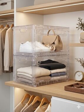 Suntone 2-Pack Clear Collapsible Storage Bins - Luxury Closet Organizer Open Box